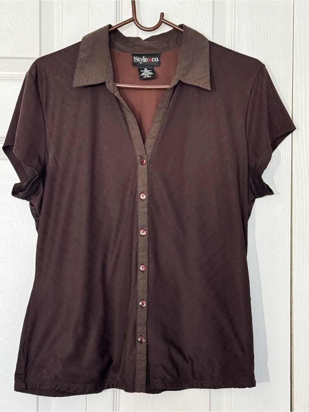 Style & Co. Brown Collared V-Neck Short Sleeve Button-Down Blouse XL